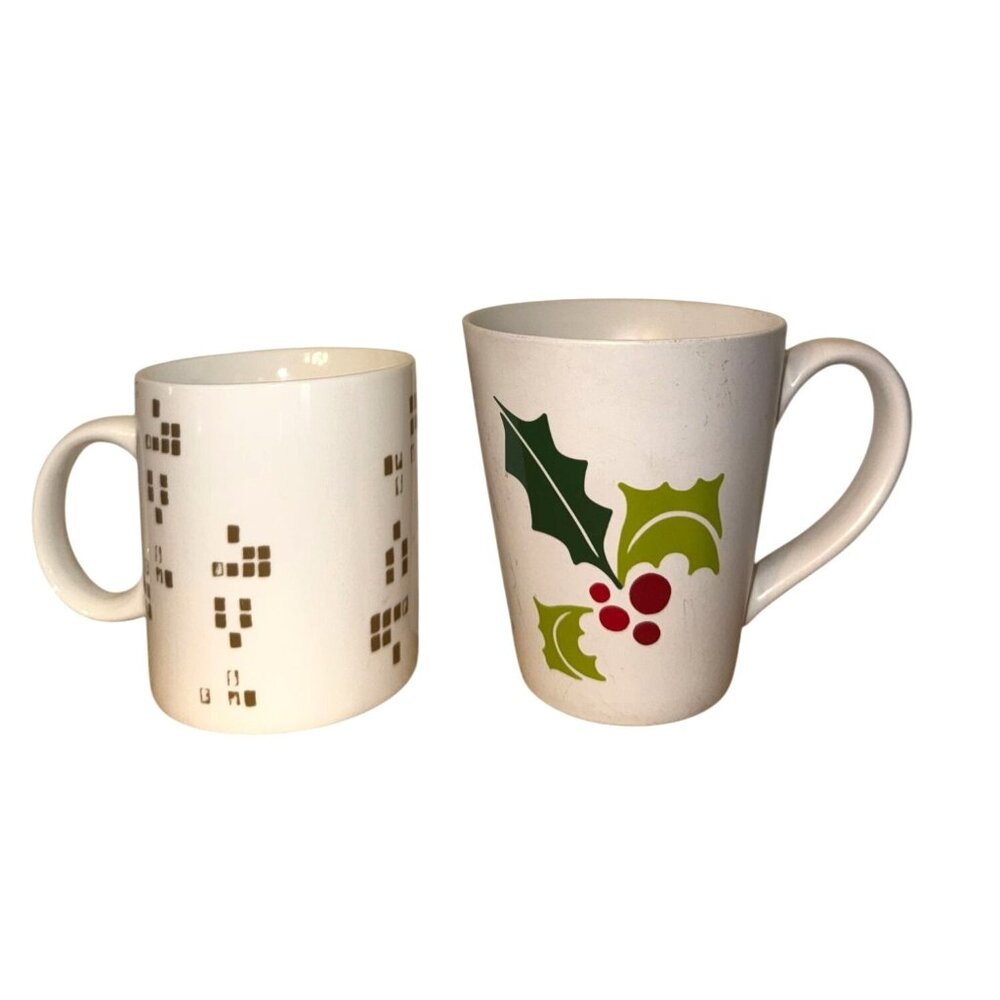 Starbucks Holiday Mugs Set Of 2 White Ceramic 12 Oz & 14 Oz